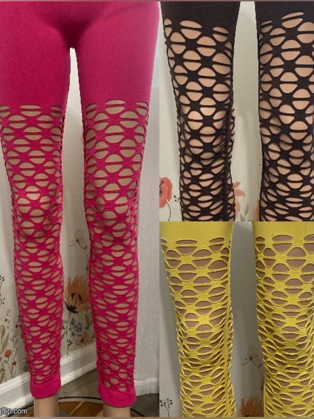 🌸 3 Sz OS F&F Cutout Fishnet Leggings in Hot Pink, Brown, and Yellow